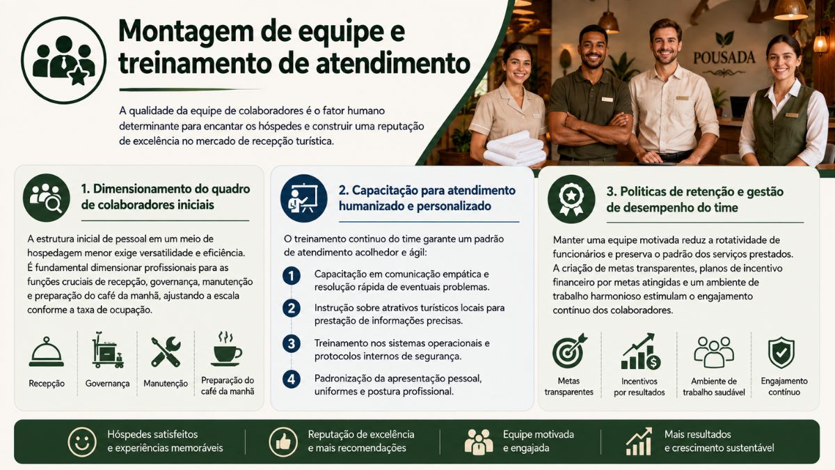 Infográfico detalha o dimensionamento de colaboradores, capacitação para atendimento humanizado e políticas de retenção de equipe em pousadas.