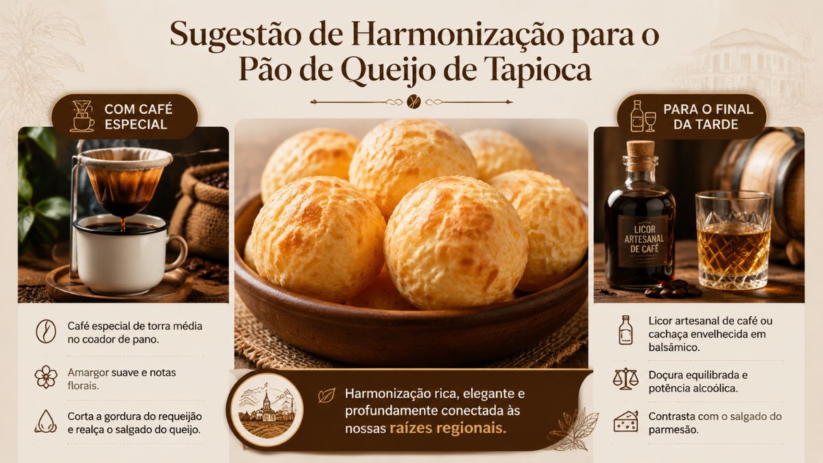 Infográfico detalhando sugestões de harmonização para pão de queijo de tapioca com café especial e licor artesanal.