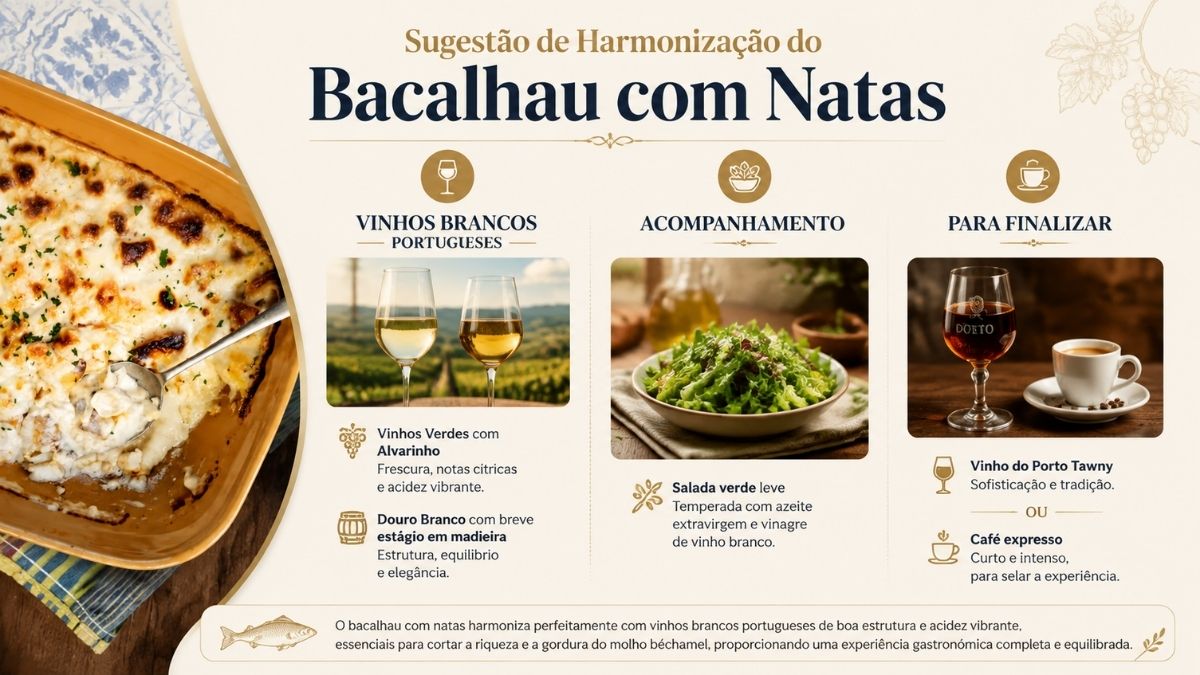 Infográfico explicativo sobre a harmonização de bacalhau com natas, exibindo uma travessa do prato gratinado, taças de vinho branco português, salada verde fresca e um cálice de vinho do Porto com café expresso.