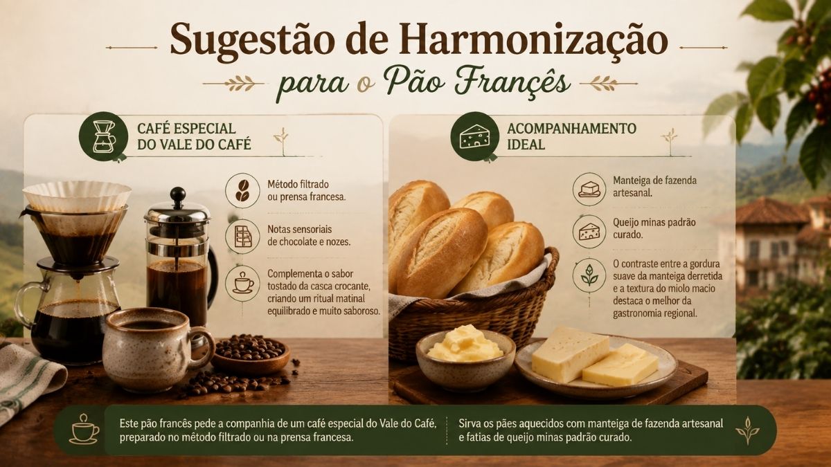 Infográfico com sugestões de harmonização para pão francês crocante acompanhado de café especial do Vale do Café, manteiga de fazenda artesanal e queijo minas padrão curado.