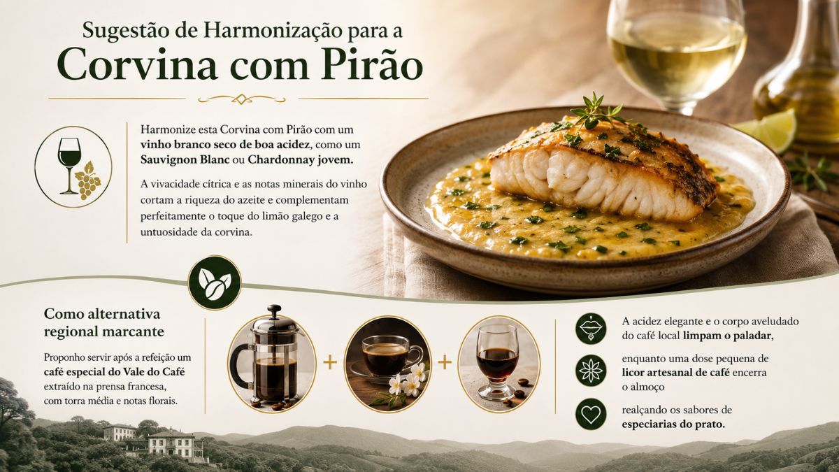 Infográfico explicativo com sugestão de harmonização para corvina com pirão apresentando uma posta de peixe sobre pirão cremoso acompanhada de taça de vinho branco seco e ilustrações de prensa francesa xícara de café e licor.
