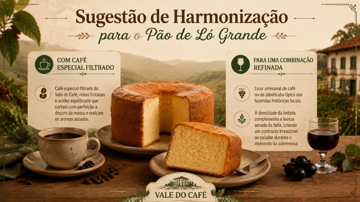 Infográfico com sugestões de harmonização para Pão de Ló Grande, destacando a combinação com café especial filtrado e licor artesanal do Vale do Café.