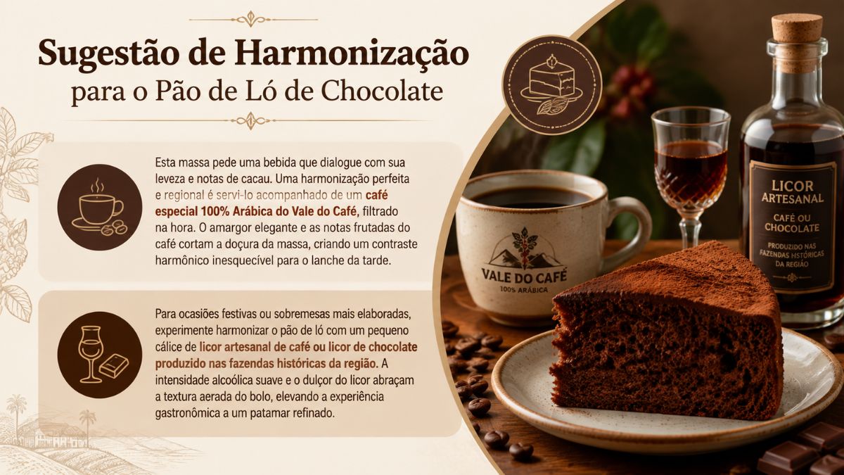 Infográfico de fundo bege explicativo sobre a harmonização de pão de ló de chocolate com café especial e licor artesanal. À esquerda estão apresentados dois blocos de texto acompanhados por ícones explicativos. À direita há uma fotografia em destaque contendo uma fatia de bolo de chocolate aerado em um prato claro, uma xícara de café especial com a marca Vale do Café, um cálice com licor e uma garrafa de vidro de licor artesanal de café ou chocolate produzida nas fazendas históricas da região.