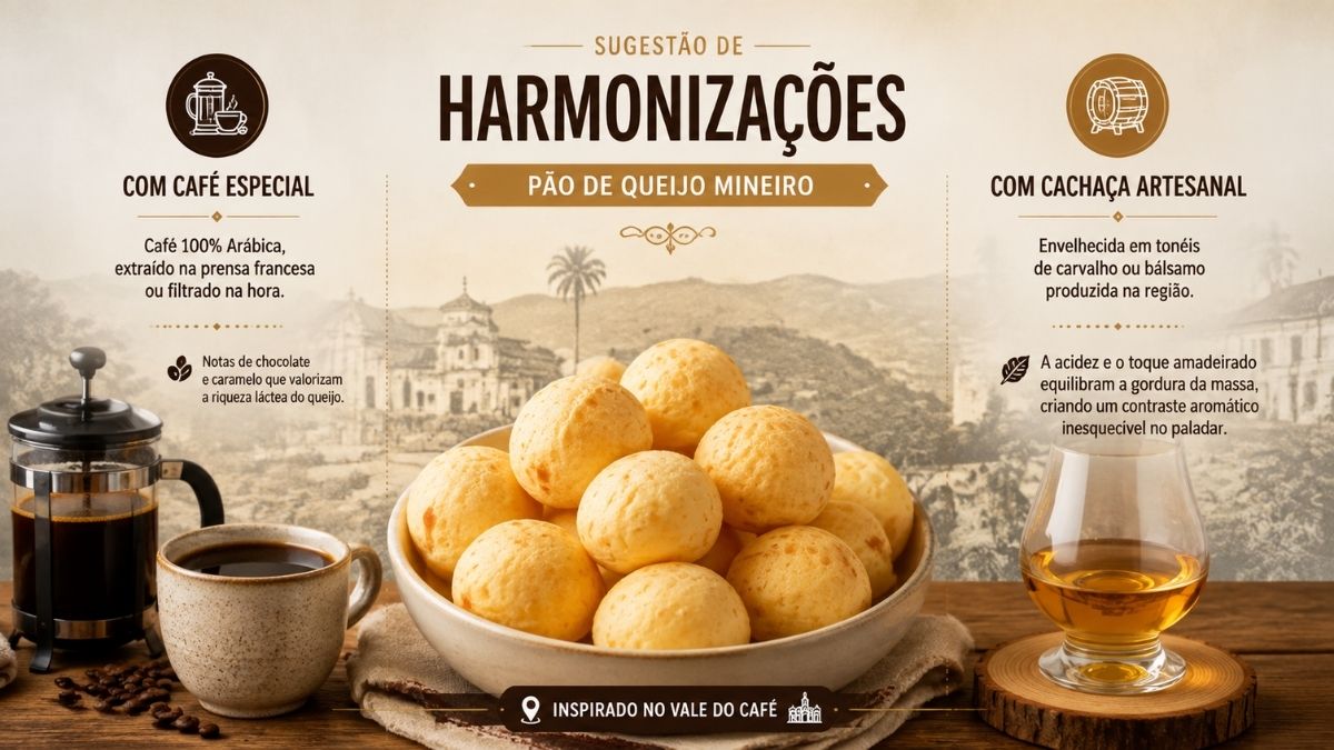 Infográfico de harmonização de pão de queijo mineiro exibindo uma tigela com pães de queijo ao centro, acompanhada por café especial em prensa francesa e copo de cachaça artesanal.