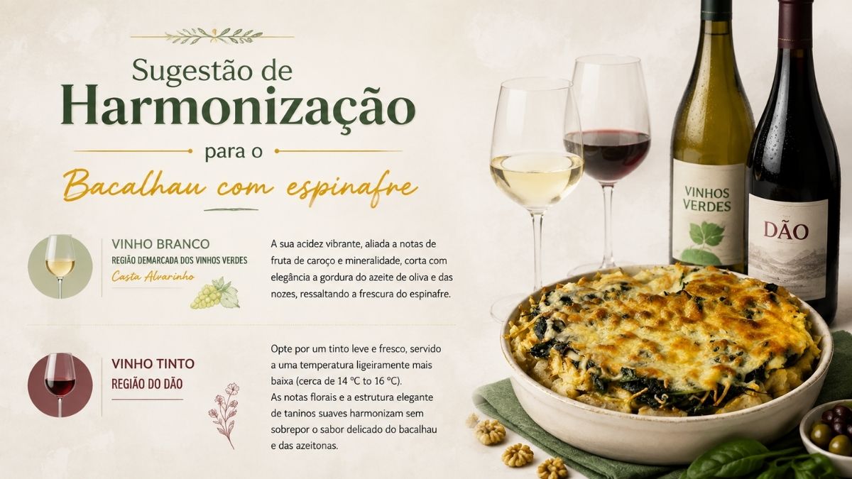 Infográfico com sugestões de harmonização de vinho branco Alvarinho dos Vinhos Verdes e vinho tinto do Dão para bacalhau com espinafre.