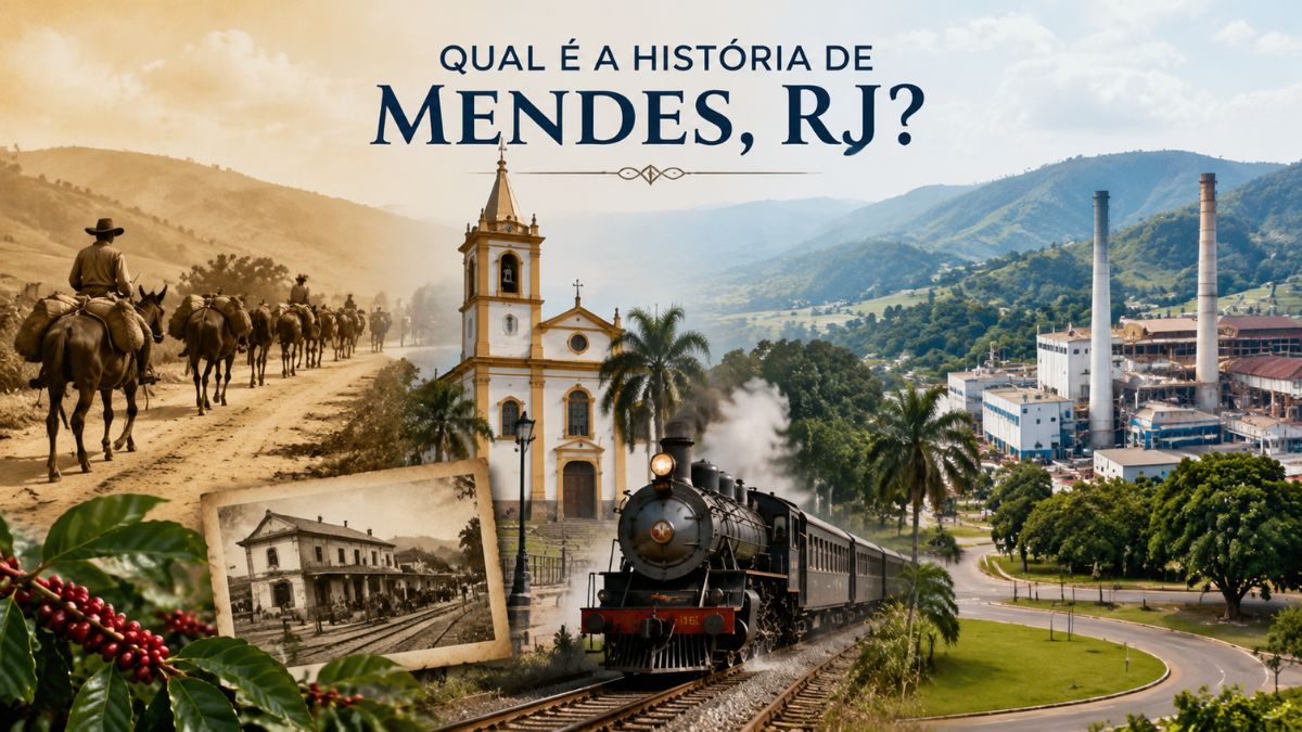 Composição visual sobre a história de Mendes no Rio de Janeiro apresentando tropeiros em estrada de terra, grãos de café, foto antiga de estação de trem, igreja matriz colonial, Maria Fumaça em movimento e chaminés de complexo industrial entre montanhas.