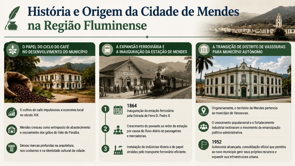Infográfico sobre a história de Mendes destacando o ciclo do café no século XIX, a inauguração da estação ferroviária em 1864 e a emancipação em 1952.
