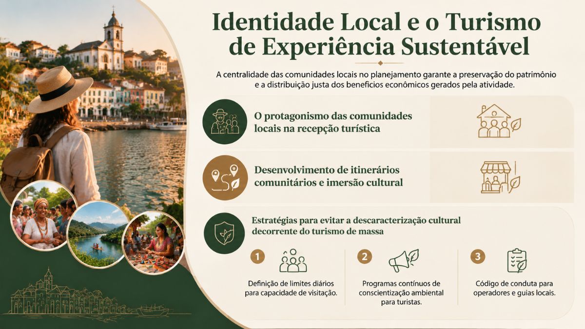 Infográfico sobre identidade local e turismo de experiência sustentável, com foto de viajante observando vila costeira histórica e imagens da comunidade residente.