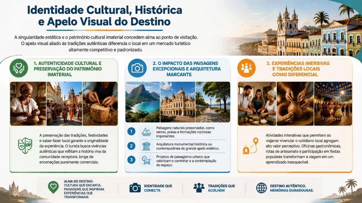 Infográfico explicativo sobre a identidade cultural histórica e o apelo visual de um destino turístico. A imagem possui um cabeçalho com o título Identidade Cultural, Histórica e Apelo Visual do Destino ao lado de uma foto do Centro Histórico de Salvador. O conteúdo está organizado em três blocos verticais. O primeiro bloco verde trata da autenticidade cultural e preservação do patrimônio imaterial com imagens de artesãs locais e festejos. O segundo bloco azul aborda o impacto das paisagens excepcionais e arquitetura marcante com fotos de praias, monumentos e praças, acompanhadas de tópicos numerados. O terceiro bloco laranja enfatiza experiências imersivas e tradições locais como diferencial com fotos de oficinas de culinária, cerâmica e danças populares. No rodapé há destaques conceituais sobre alma do destino e memória duradoura.