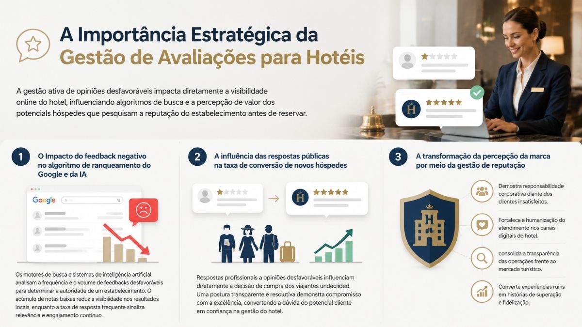 Infográfico explicativo sobre a importância estratégica da gestão de avaliações em hotéis, destacando SEO, conversão de hóspedes e reputação da marca.