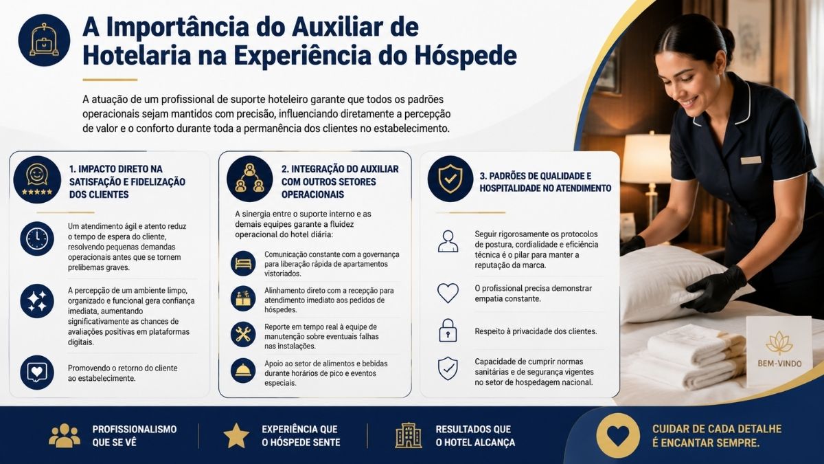 Infográfico sobre a importância do auxiliar de hotelaria na experiência do hóspede, destacando a satisfação do cliente, integração de setores e padrões de hospitalidade ao lado de uma profissional arrumando a cama de um quarto de hotel.