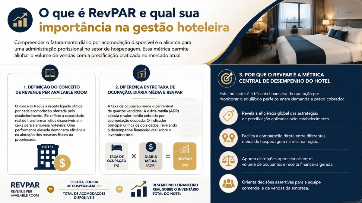 Infográfico educativo detalhando o que é RevPAR e qual sua importância na gestão hoteleira, apresentando a definição do conceito de Revenue Per Available Room, a fórmula multiplicando taxa de ocupação por diária média e os motivos que tornam o indicador a métrica central de desempenho da propriedade.