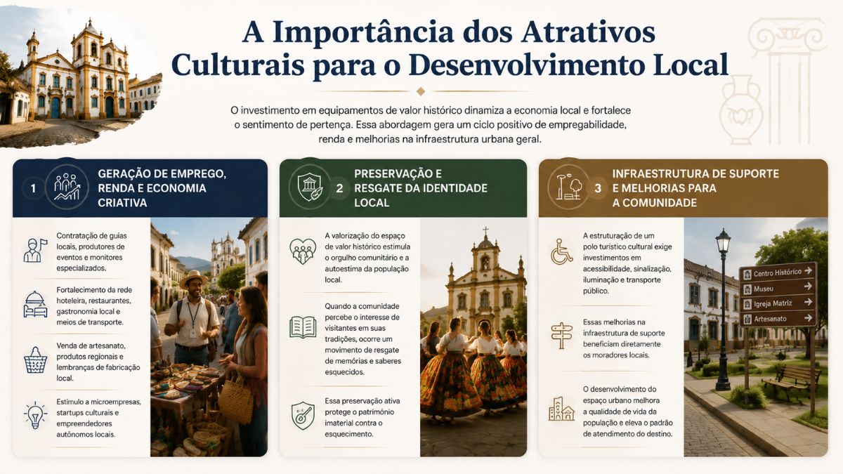 Infográfico ilustrativo sobre a importância dos atrativos culturais para o desenvolvimento local. No topo superior esquerdo, há a imagem de uma igreja colonial em uma rua histórica de paralelepípedos. Ao centro, destaca-se o título principal em azul com um texto introdutório que explica como investimentos em bens históricos impulsionam a economia e a identidade regional. O corpo da imagem é composto por três seções numeradas. A primeira seção aborda a geração de emprego, renda e economia criativa, acompanhada de ícones e uma fotografia de turistas comprando artesanato em uma banca de feira. A segunda seção traz a preservação e o resgate da identidade local, acompanhada por uma foto de pessoas realizando uma dança folclórica em frente a um monumento histórico. A terceira seção apresenta a infraestrutura de suporte e melhorias para a comunidade, ilustrada com uma rua bem iluminada e sinalizada com placas turísticas que indicam direções para atrações como o centro histórico, museu, igreja matriz e feira de artesanato.