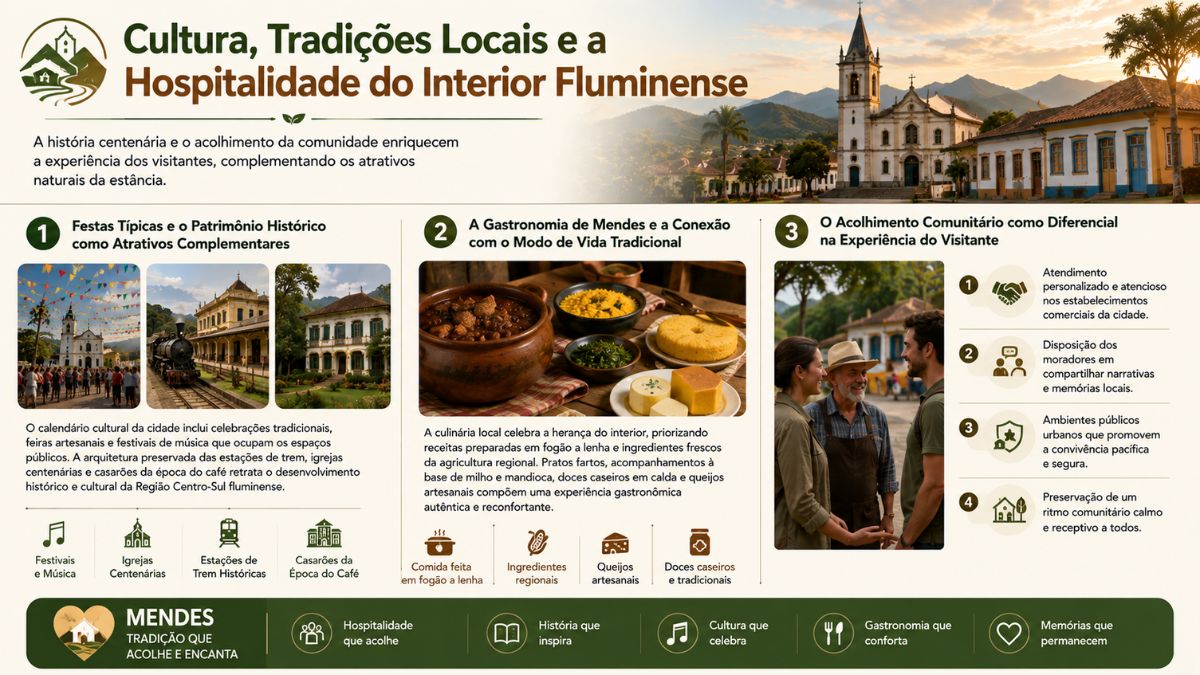 Infográfico sobre a cultura e tradições em Mendes destacando festas típicas, patrimônio histórico com casarões e estações de trem, gastronomia de fogão a lenha e acolhimento comunitário.