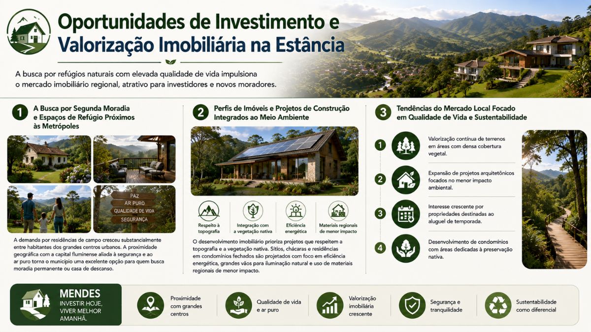 Infográfico sobre investimento e valorização imobiliária em Mendes exibindo casas de campo em meio à natureza, residências com energia solar e tendências do mercado sustentável.
