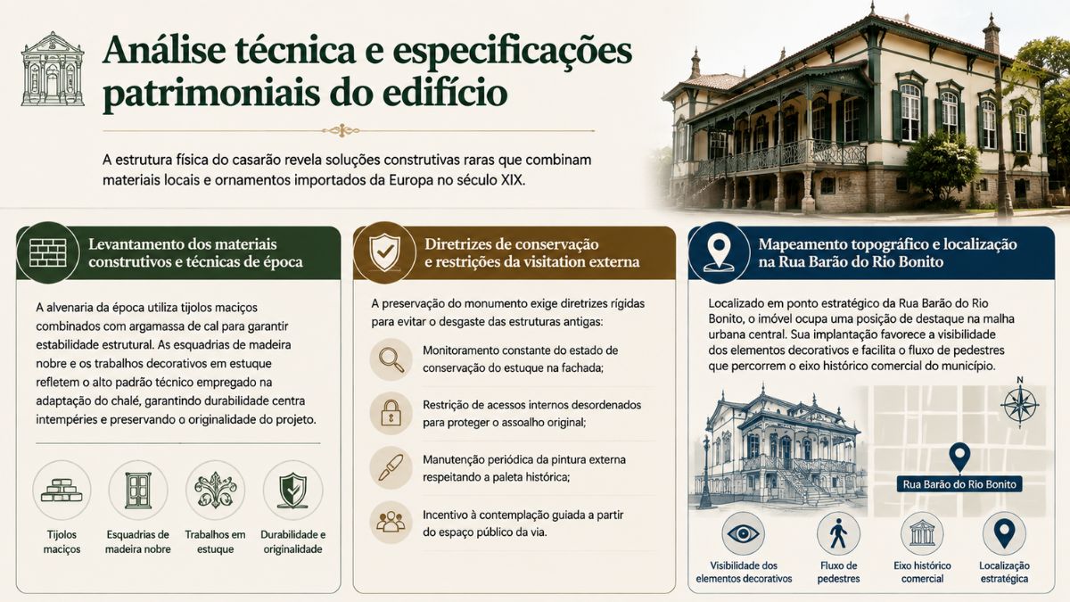 Infográfico sobre especificações patrimoniais abordando materiais construtivos diretrizes de conservação e mapeamento da Casa da Princesa Isabel.