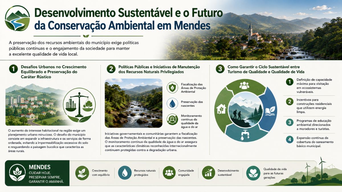 Infográfico sobre desenvolvimento sustentável em Mendes mostrando desafios urbanos, políticas de proteção de rios e matas nativas, e um ciclo sustentável entre turismo e qualidade de vida.