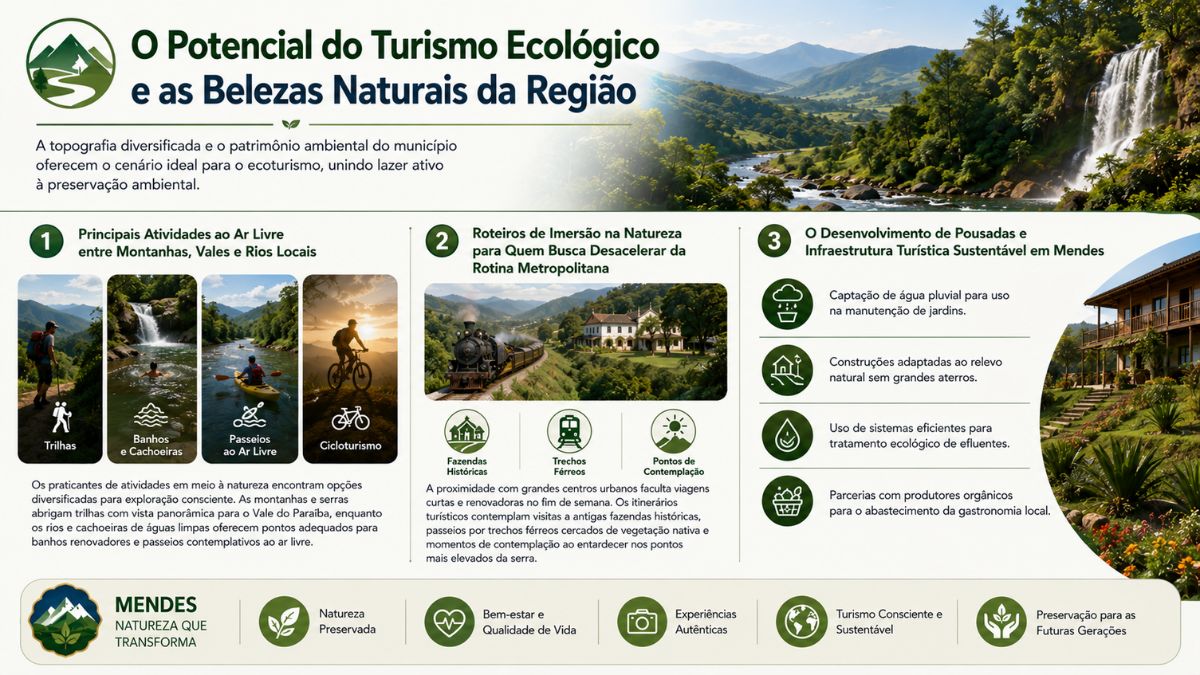 Infográfico sobre turismo ecológico em Mendes destacando atividades ao ar livre como trilhas, cachoeiras, passeios de caiaque e cicloturismo, além de pousadas com infraestrutura sustentável.