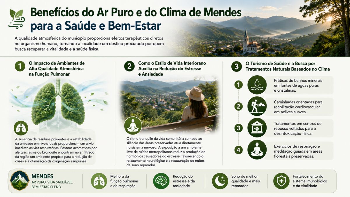Infográfico sobre os benefícios do ar puro de Mendes para a saúde respiratória e bem estar com ilustrações de pulmões verdes, pessoa admirando a serra e tratamentos de turismo de saúde.