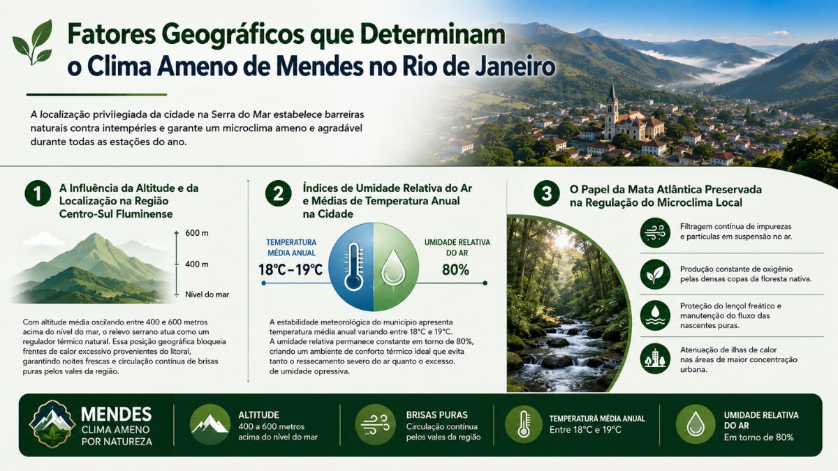Infográfico explicando os fatores geográficos de Mendes com dados de altitude entre 400 e 600 metros, temperatura média de 18 a 19 graus Celsius, umidade em 80 por cento e o papel da Mata Atlântica.