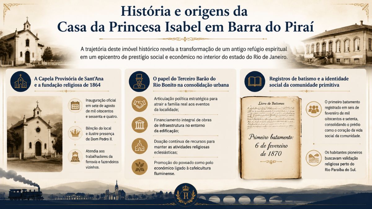 Infográfico histórico sobre a Casa da Princesa Isabel em Barra do Piraí dividindo a origem em capela provisória atuação do Barão e registros de batismo.