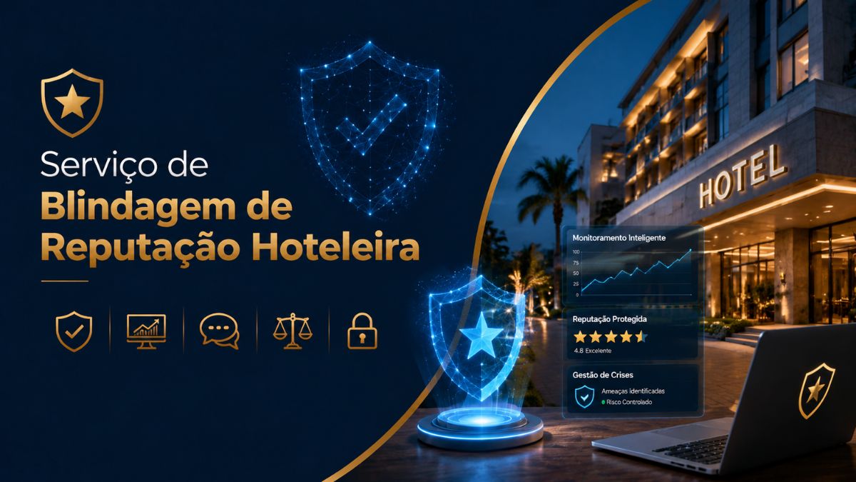Infográfico com fundo azul escuro mostrando um escudo digital brilhante e o texto "Serviço de Blindagem de Reputação Hoteleira". À direita um luxuoso hotel à noite e um notebook aberto com dashboards de "Monitoramento Inteligente" e "Reputação Protegida". Ícones dourados representam métricas e segurança digital abaixo do texto principal.