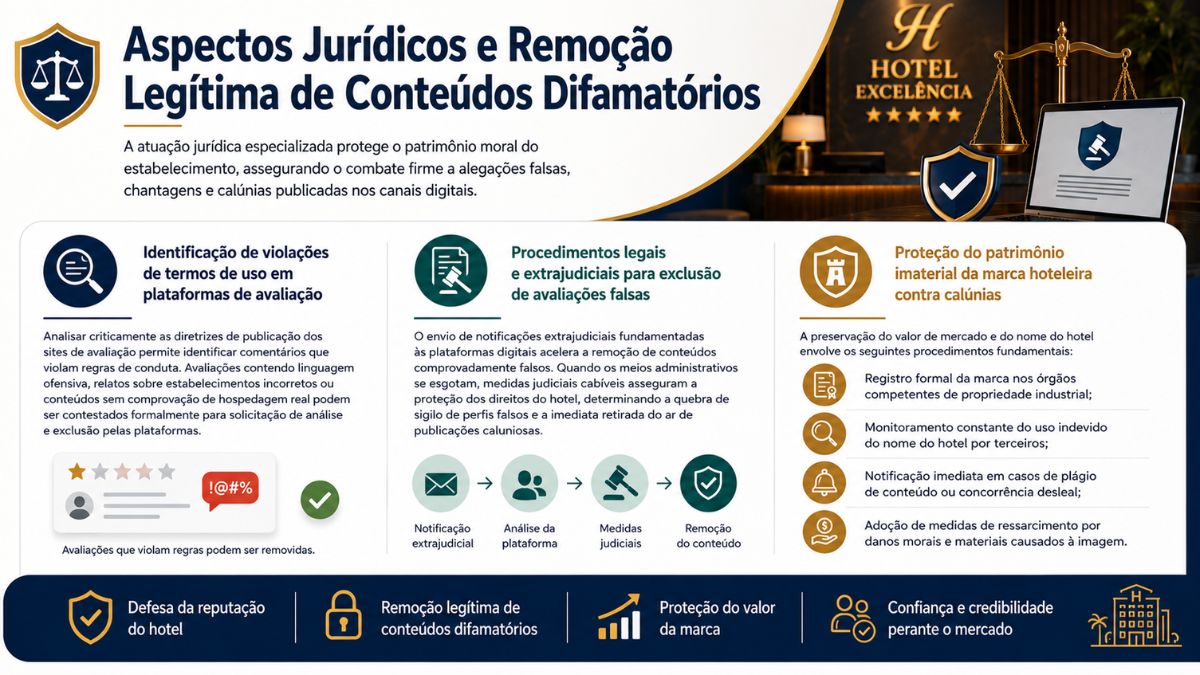 Infográfico explicativo sobre os aspectos jurídicos da remoção legítima de conteúdos difamatórios, destacando a identificação de violações de termos de uso, procedimentos extrajudiciais e proteção do patrimônio moral da marca hoteleira.