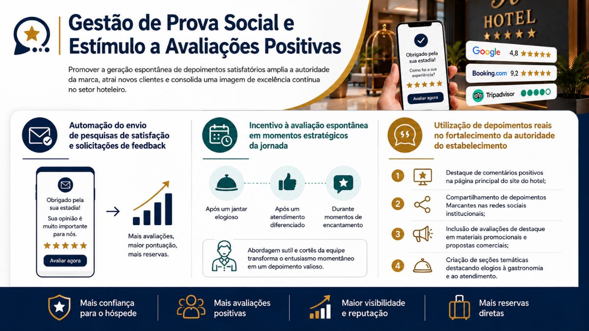 Infográfico explicativo sobre gestão de prova social e incentivo a avaliações positivas, apresentando envio automatizado de pesquisas de satisfação, momentos estratégicos da jornada do hóspede e utilização de depoimentos para fortalecer a reputação.