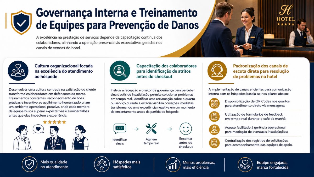 Infográfico explicativo sobre governança interna e treinamento de equipes hoteleiras, destacando a excelência no atendimento, a identificação de atritos antes do checkout e a padronização dos canais de escuta direta.