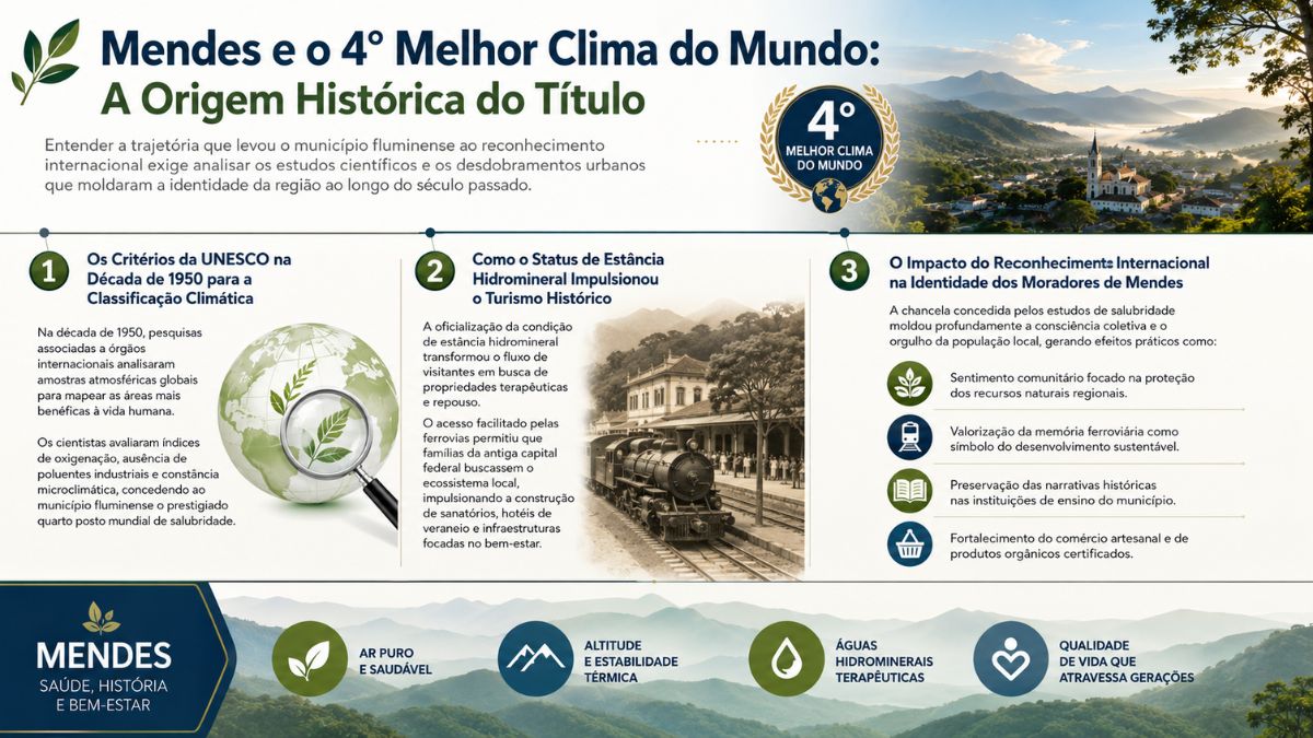 Infográfico explicativo sobre a origem histórica do título de quarto melhor clima do mundo da cidade de Mendes com detalhes sobre os critérios da UNESCO na década de 1950, o status de estância hidromineral e o impacto no turismo.