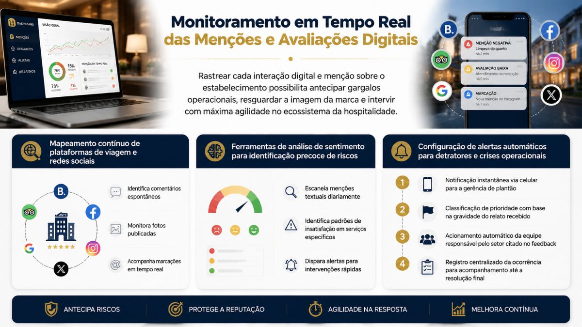 Infográfico ilustrativo sobre o monitoramento em tempo real de menções e avaliações digitais, mostrando um notebook com gráficos de análise, um smartphone com alertas de feedback e três pilares de gestão reputacional.