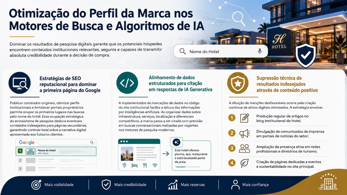 Infográfico explicativo mostrando estratégias de SEO reputacional, alinhamento de dados estruturados para IA generativa e supressão técnica de resultados indesejados para marcas hoteleiras.