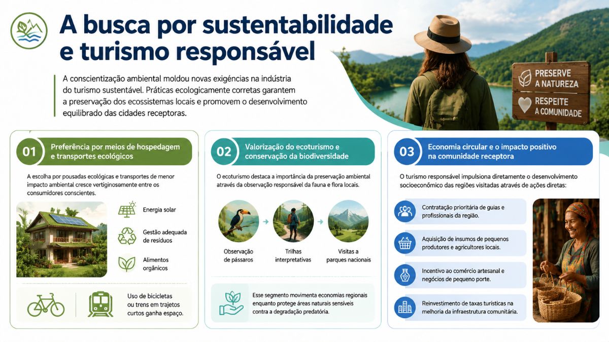 Um infográfico verde e azul intitulado "A busca por sustentabilidade e turismo responsável". Na parte superior direita, uma mulher com chapéu e mochila observa uma paisagem de montanhas e lago ao lado de uma placa de madeira escrito "Preserve a natureza, respeite a comunidade". Abaixo, três colunas numeradas explicam o turismo sustentável. A coluna 1 mostra preferências por hospedagem e transportes ecológicos com imagens de casa com painéis solares, energia solar, gestão de resíduos, alimentos orgânicos, bicicletas e trens. A coluna 2 destaca o ecoturismo e a conservação da biodiversidade com fotos de observação de pássaros, trilhas e parques nacionais. A coluna 3 descreve a economia circular com ações diretas e uma foto de uma mulher artesã sorrindo ao lado de cestos artesanais.