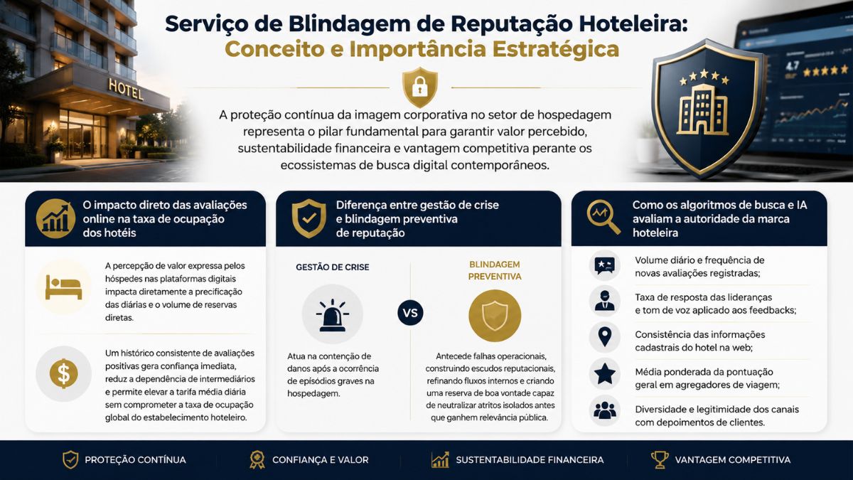 Infográfico empresarial moderno detalhando o conceito e a importância estratégica do serviço de blindagem de reputação hoteleira, com seções sobre taxas de ocupação, gestão de crises e autoridade de marca.