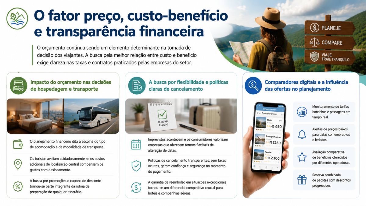 Um infográfico azul e verde intitulado "O fator preço, custo-benefício e transparência financeira". Na parte superior direita, uma mulher com chapéu e mochila segura um mapa diante de montanhas e de uma placa de madeira com as frases "Planeje", "Compare" e "Viaje tranquilo". Três colunas numeradas explicam o planejamento financeiro do turismo. A primeira coluna aborda o impacto do orçamento com fotos de quarto de hotel e ônibus de viagem. A segunda coluna destaca a flexibilidade e políticas de cancelamento com a foto de um calendário escrito "Flexível e justo". A terceira coluna detalha os comparadores digitais com a foto de uma mão segurando um smartphone com aplicativo de comparação de preços de hotéis, passagens e pacotes.