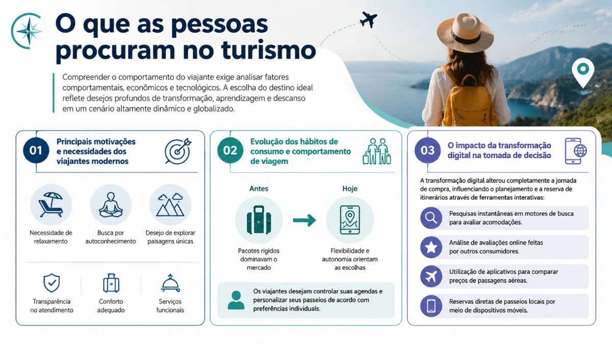 Um infográfico azul e verde com o título "O que as pessoas procuram no turismo". Uma imagem de uma mulher com mochila e chapéu olhando para o mar está no canto superior direito. Abaixo do título, há três colunas principais numeradas de 1 a 3. A coluna 1 detalha as principais motivações e necessidades dos viajantes modernos com ícones para relaxamento, autoconhecimento, exploração, transparência, conforto e serviços. A coluna 2 mostra a evolução dos hábitos de consumo, comparando pacotes rígidos "Antes" com flexibilidade e autonomia "Hoje". A coluna 3 descreve o impacto da transformação digital na tomada de decisão com uma lista de quatro ferramentas interativas, como motores de busca e avaliações online. Ícones de avião, bússola e localização decoram o infográfico.