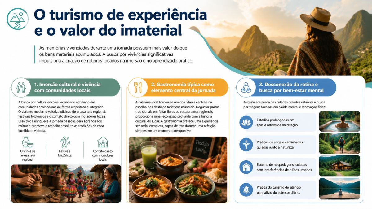 Um infográfico com o título "O turismo de experiência e o valor do imaterial", destacando uma foto superior de uma mulher com chapéu observando montanhas históricas. Três colunas explicam os pilares da jornada. A primeira coluna aborda a imersão cultural e a vivência com comunidades locais, com fotos de artesanato e danças tradicionais. A segunda coluna trata da gastronomia típica como elemento central, mostrando pratos regionais e bebidas em uma mesa de madeira. A terceira coluna apresenta a desconexão da rotina e a busca por bem-estar mental, acompanhada de ícones e fotos de spas, caminhadas na natureza, cabanas isoladas e meditação à beira do lago.
