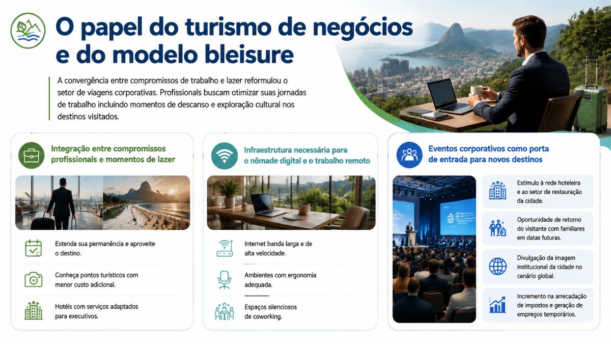 Um infográfico azul e verde intitulado "O papel do turismo de negócios e do modelo bleisure". Na parte superior direita, um homem de terno segura uma xícara em uma mesa com notebook, trabalhando ao ar livre com vista panorâmica para o Rio de Janeiro e o Pão de Açúcar. Três colunas numeradas explicam o turismo corporativo. A primeira coluna aborda a integração entre trabalho e lazer com fotos de um executivo com mala em um aeroporto e uma praia paradisíaca. A segunda coluna detalha a infraestrutura para o nômade digital com foto de um espaço de trabalho elegante de madeira diante de uma janela ampla. A terceira coluna apresenta eventos corporativos como porta de entrada para novos destinos com foto de um auditório lotado durante uma palestra.
