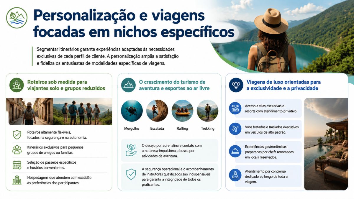 Um infográfico azul e verde intitulado "Personalização e viagens focadas em nichos específicos". No canto superior direito, uma mulher de chapéu e mochila observa uma paisagem com lago e montanhas. Abaixo, três colunas numeradas descrevem os nichos. A primeira coluna aborda roteiros sob medida para viajantes solo e pequenos grupos, acompanhada de fotos de uma mulher caminhando em uma vila e um grupo de amigos de mãos dadas no topo de um morro. A segunda coluna trata do turismo de aventura com quatro imagens circulares representando mergulho, escalada, rafting e trekking. A terceira coluna detalha viagens de luxo com foco em exclusividade, mostrando uma foto de uma vila luxuosa com piscina de borda infinita de frente para o mar.