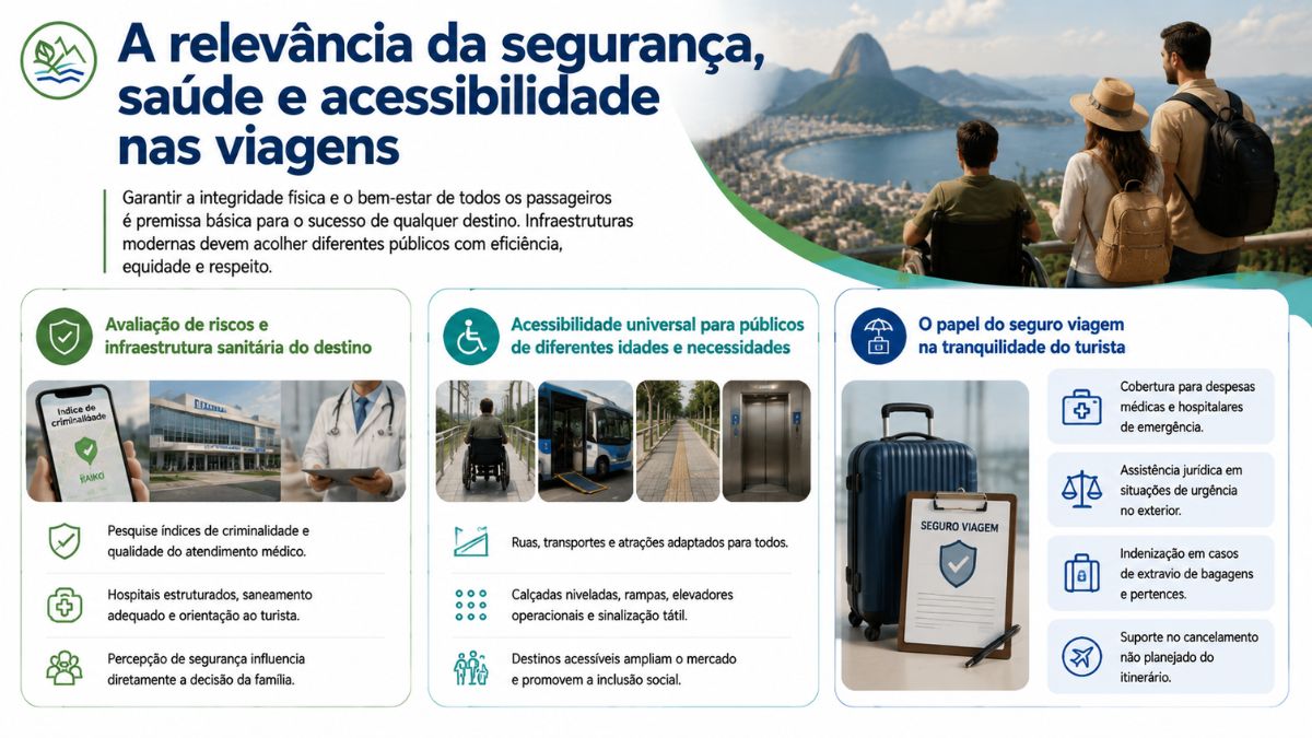 Um infográfico azul e verde intitulado "A relevância da segurança, saúde e acessibilidade nas viagens". Na parte superior direita, três pessoas, incluindo um homem usando cadeira de rodas, observam a vista panorâmica do Rio de Janeiro. Três colunas numeradas explicam os pilares fundamentais. A primeira coluna aborda a avaliação de riscos e infraestrutura sanitária com fotos de smartphone exibindo índice de criminalidade, fachada de hospital e um médico. A segunda coluna destaca a acessibilidade universal com fotos de pessoa em cadeira de rodas, ônibus acessível, piso tátil e elevador. A terceira coluna apresenta o papel do seguro viagem com fotos de uma mala azul, prancheta com contrato de seguro e ícones explicativos.