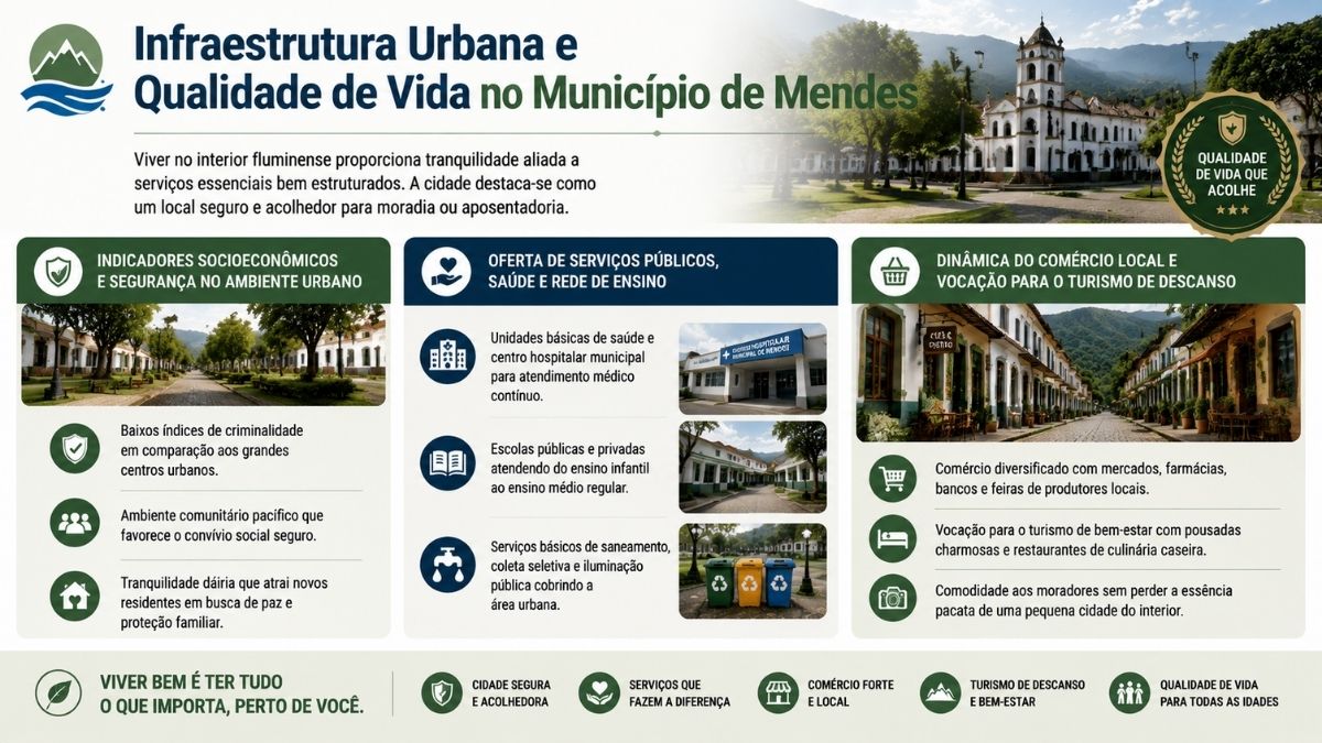 Infográfico sobre a infraestrutura de Mendes destacando segurança pública, serviços de saúde, educação, saneamento e comércio local focado no turismo de descanso.