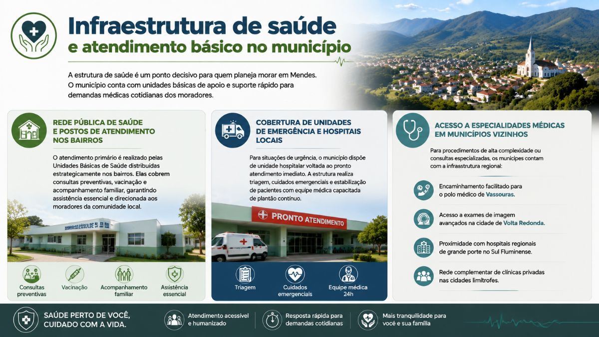 Infográfico sobre a infraestrutura de saúde em Mendes RJ detalhando postos nos bairros, cobertura de emergência hospitalar e acesso a especialidades médicas na região.