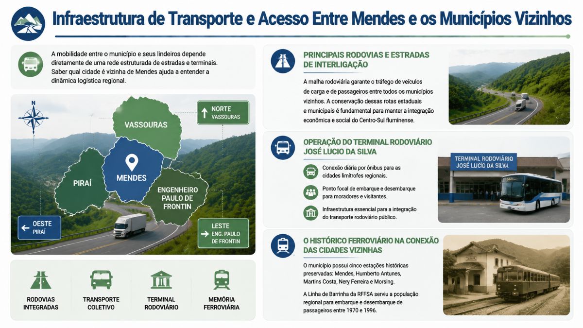 Infográfico detalhando a malha rodoviária, o Terminal Rodoviário José Lucio da Silva e o histórico ferroviário entre Mendes e suas cidades vizinhas.