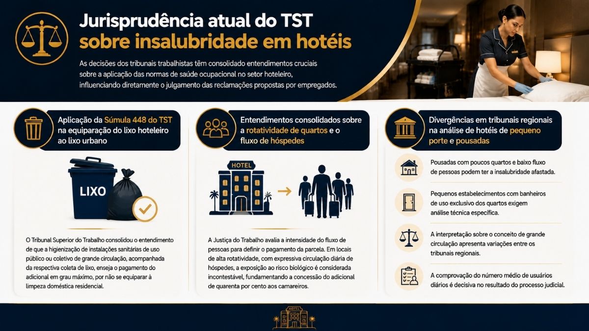 Infográfico explicativo sobre a jurisprudência atual do Tribunal Superior do Trabalho para insalubridade em hotéis, destacando a Súmula 448, rotatividade de quartos e decisões para pousadas.