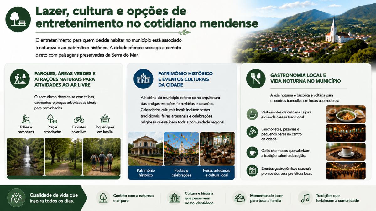 Infográfico explicativo sobre opções de lazer e cultura em Mendes RJ destacando atrativos naturais, ecoturismo, patrimônio histórico e gastronomia local no Vale do Café.