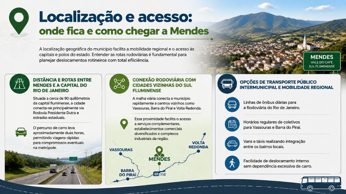 Infográfico explicativo sobre a localização e vias de acesso para Mendes RJ, detalhando rotas rodoviárias para o Rio de Janeiro e opções de transporte público no Sul Fluminense.