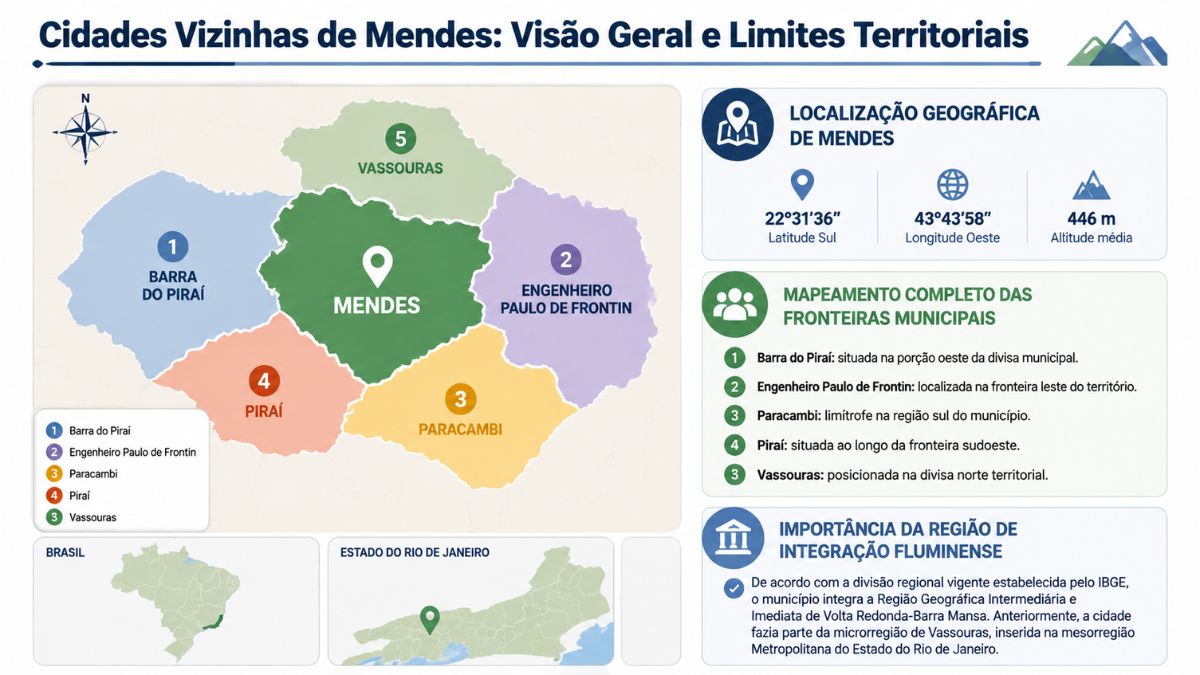 Infográfico geográfico detalhando os limites territoriais e o mapeamento das cidades vizinhas de Mendes no estado do Rio de Janeiro.