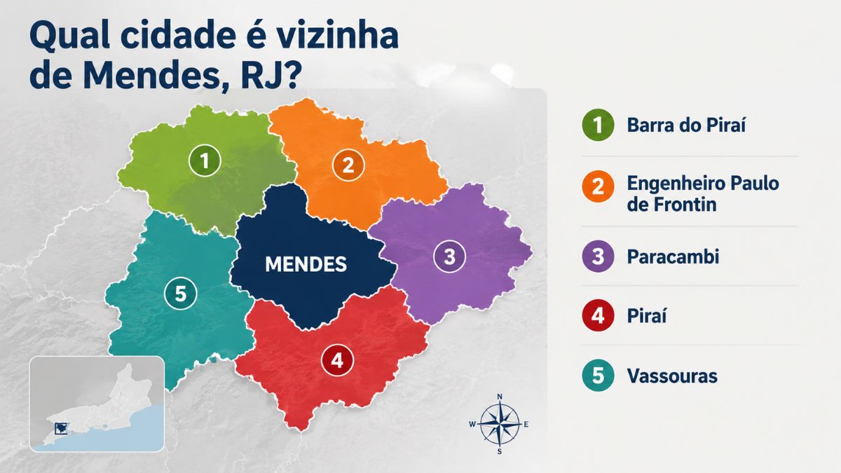 Mapa geográfico colorido com divisas territoriais indicando quais cidades fazem fronteira com o município de Mendes, no Rio de Janeiro.