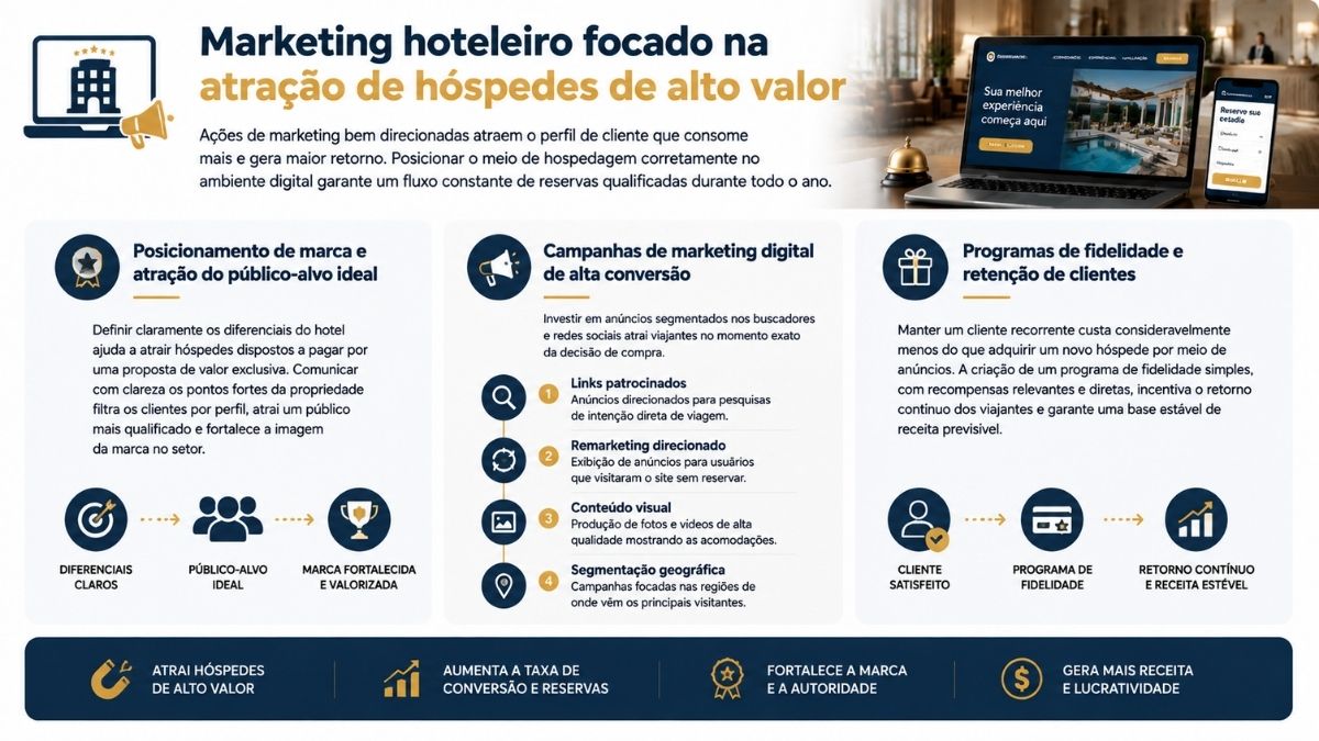 Infográfico sobre marketing digital hoteleiro, posicionamento de marca, campanhas de alta conversão e programas de fidelidade para atrair hóspedes qualificados.
