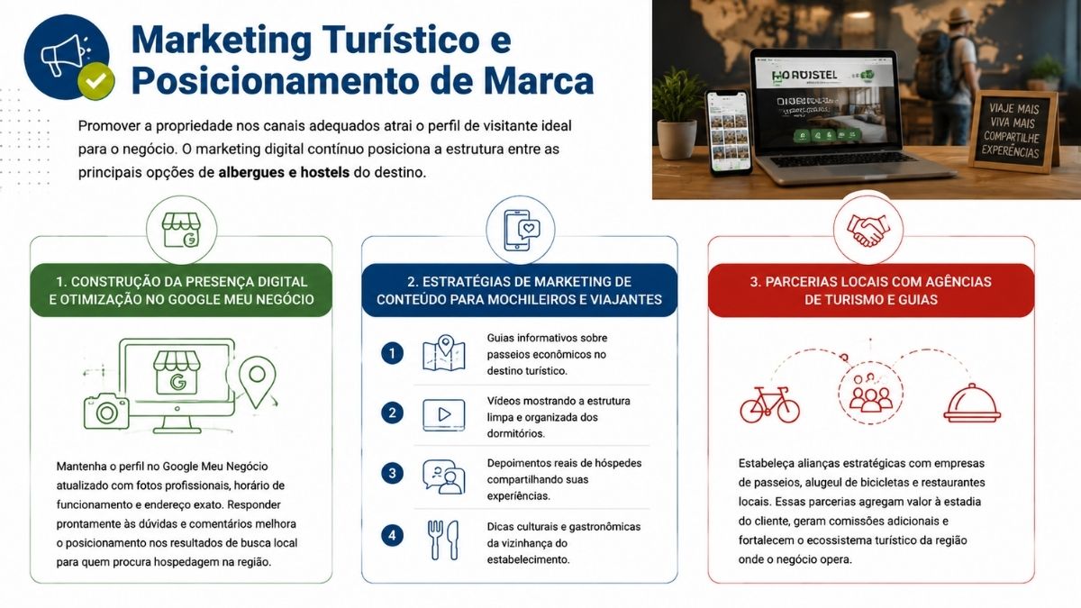 Infográfico detalhado sobre marketing turístico e posicionamento de marca para albergues, abordando Google Meu Negócio, marketing de conteúdo e parcerias locais.